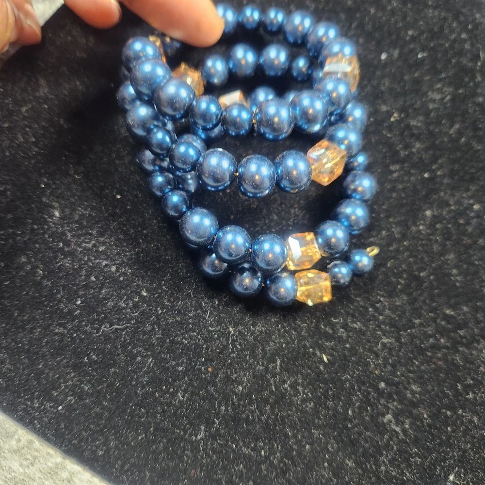 Blue glass Pearl and Amber Crystal Memory Wire Wrap Coil Bracelet